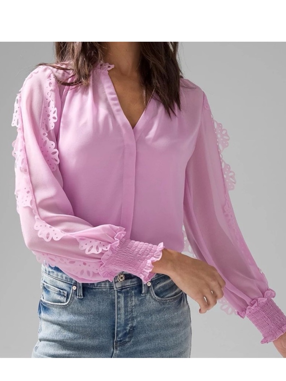 WHBM Laser Cut Ruffle Sleeve Blouse Women’s Size XL Chiffon Button Front Lined